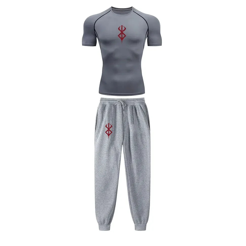 Anime Compression Set Berserk Guts Print Performance GYM Set Men's Athletic Workout Quick Dry Shirts+Sweatpants Unisex Sportwear