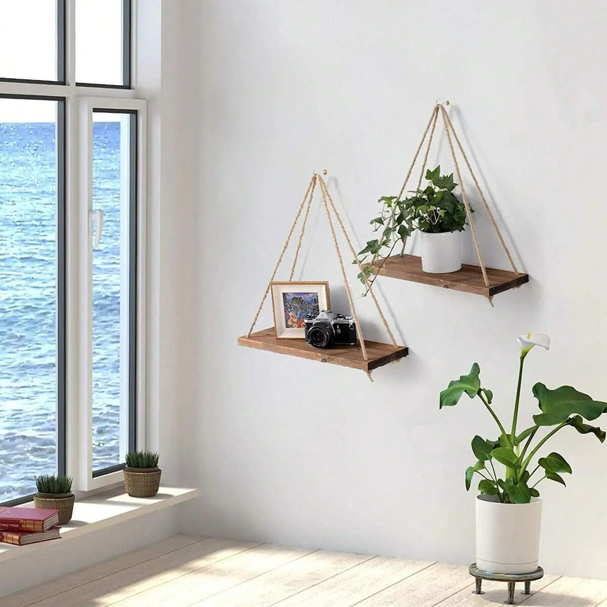 Wooden Swing Hanging Hemp Rope Wall Shelve Mounted Floating Wall Shelves Home Living Room Plant Tray Storage Garden Decoration