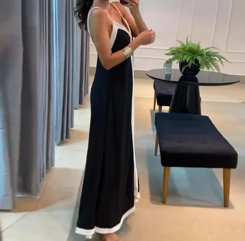 Women's Dress 2024 Summer Women's Clothing Fashion Elegant V-neck Casual Black and White Contrast Sleeveless Loose Long Dresses