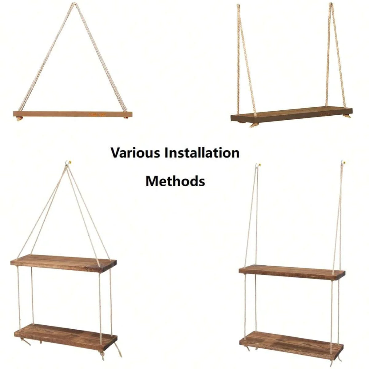 Wooden Swing Hanging Hemp Rope Wall Shelve Mounted Floating Wall Shelves Home Living Room Plant Tray Storage Garden Decoration