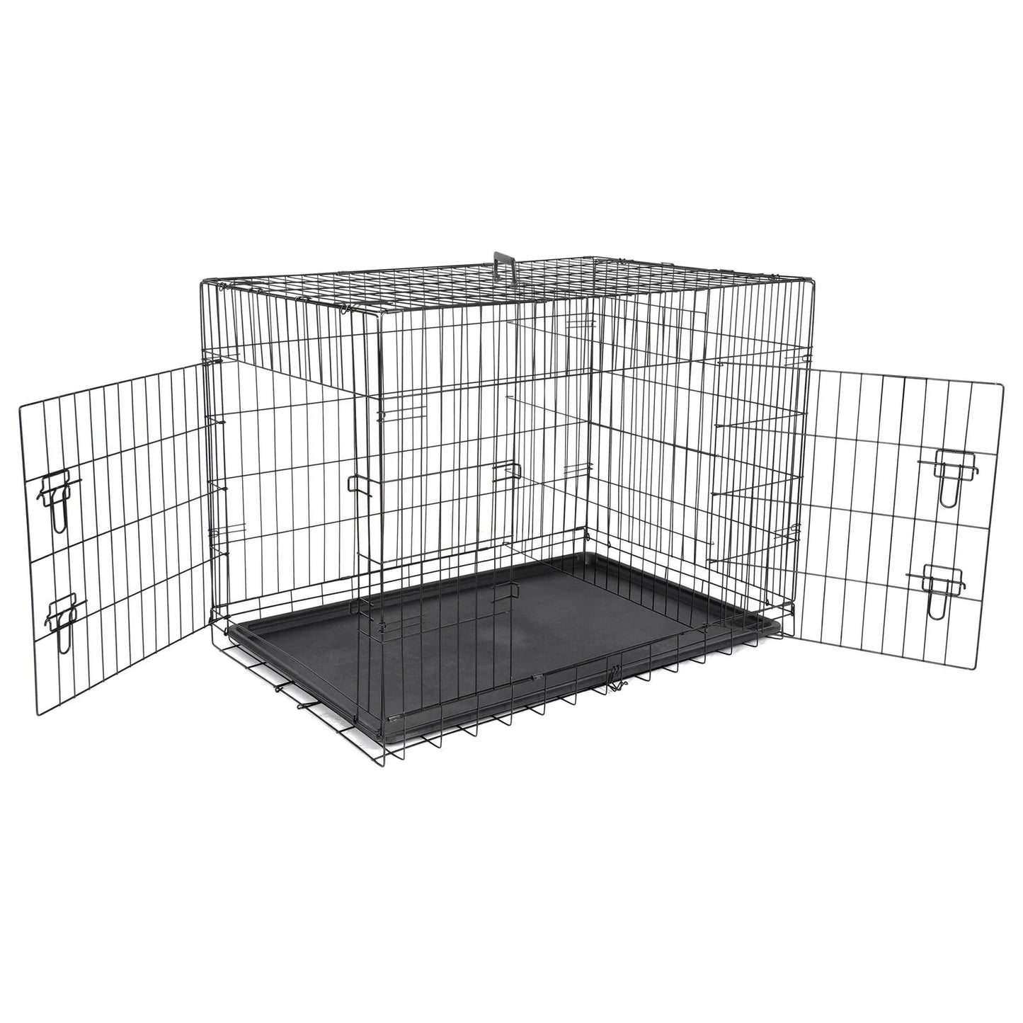 US42 inch dog box folding metal pet cage dog kennel double door with tray tray plate black-