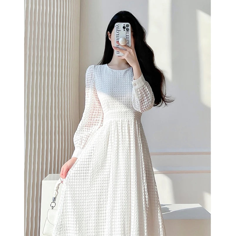 Lace Long Sleeves White Midi Dresses for Women 2023 New Autumn French Elegant Fashion Evening Wedding Party Robe Female Clothing