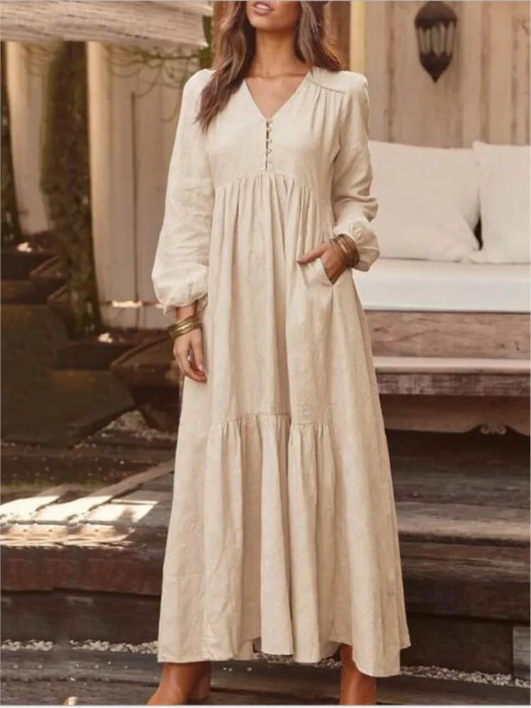 Cotton And Linen Vintage Style Long Dress For Women Casual V Neck Long Sleeve Loose Maxi Dresses Female Elegant Women's Clothing