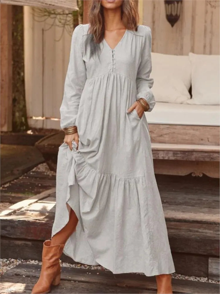 Cotton And Linen Vintage Style Long Dress For Women Casual V Neck Long Sleeve Loose Maxi Dresses Female Elegant Women's Clothing