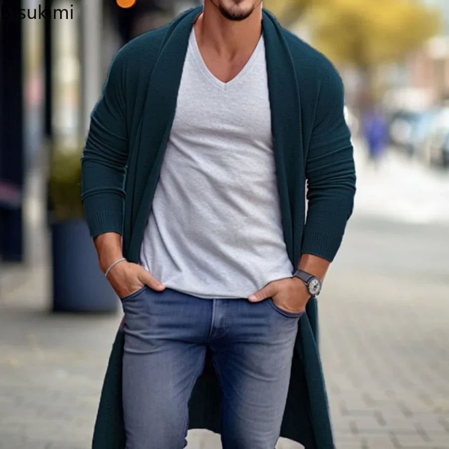 2024 Men's Thin Knitted Sweater Cardigans Solid High Quality Soft Long Woolen Coat Jacket for Men Spring Autumn Knitted Jacket