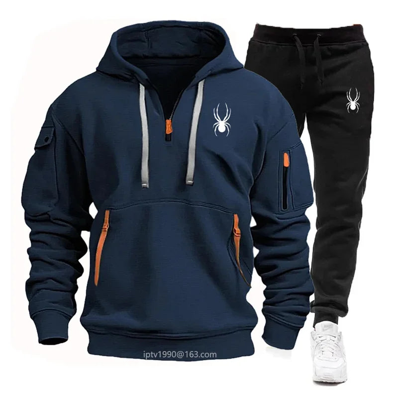 Men's new autumn and winter multi-pocket zipper long-sleeved hoodie + sports and leisure pants two-piece fitness jogging suit