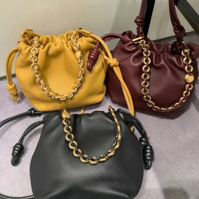 VIELINE New Women's Drawstring Cloud Bag Blessing Bag Hobos Bag Genuine Leather One Shoulder Crossbody Bag Casual Bucket Bag