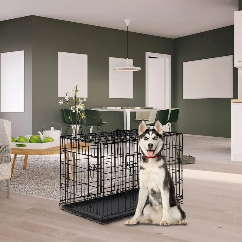 FDW Dog Crate Dog Cage Pet Crate for Large Dogs Folding Metal Pet Cage Double Door W/Divider Panel