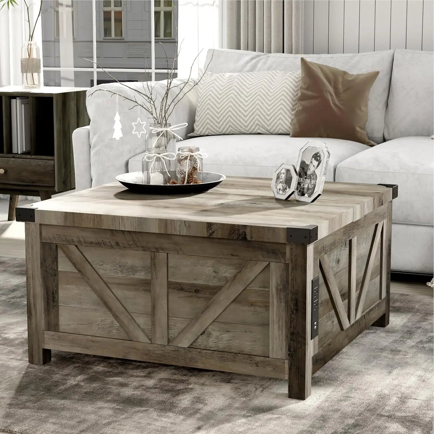 Farmhouse Lift Top Coffee Table with Storage, Wood Square Center Table with Charging Station&USB Ports,Living Room Central Table