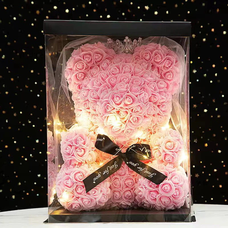 40cm Artificial Flowers Rose Bear Rose Bear With Crown Light Valentines Day Gift Box Girlfriend Anniversary Wedding Dedcor