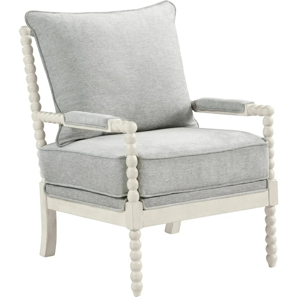 Spindle Accent Chair with Antique White Wood Frame, 26.5” W x 32.25” D x 37” H, Smoke Grey Fabric