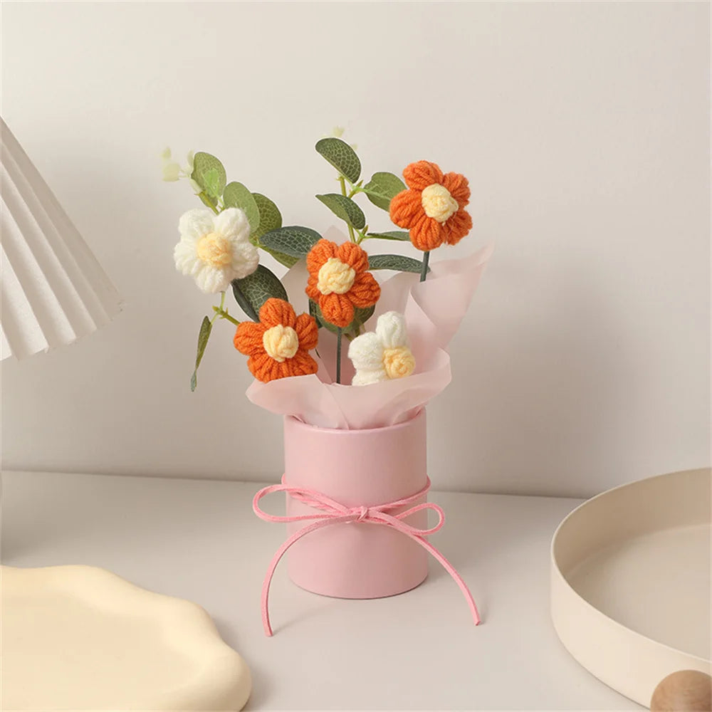 5PCS Knitted Flowers Puff Bucket Bouquet Woolen Flowers DIY Hand Knitted Flowers for Valentine's Day Christmas Gifts