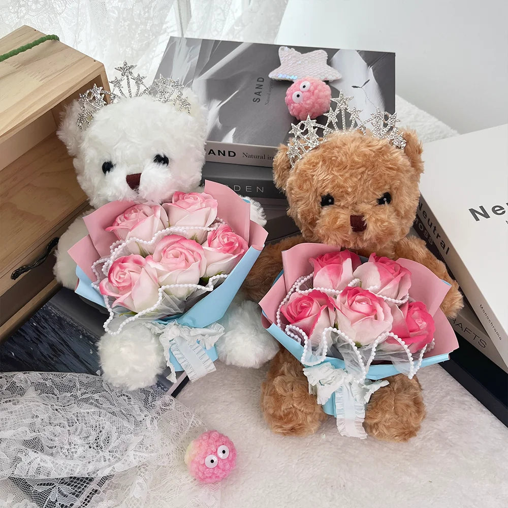 1pcs Plush Bear Rose Flower Bouquet Gift Box Luxury Artificial Soap Flowers Wedding Birthday Christmas New Year Party Decor Prop