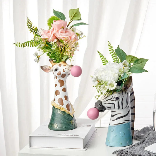 Dried Flower Vase Living Room Table Art Home Decor FlowerPot Hand Painting Giraffe Zebra Panda Creative Modern Animal Resin Vase