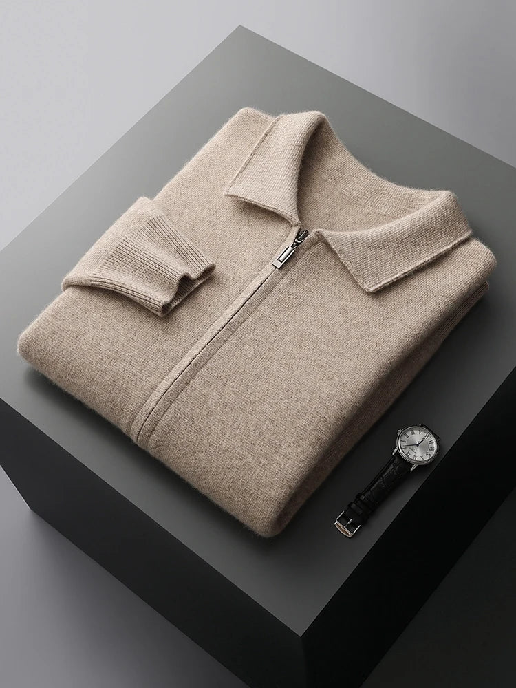 Luxury Autumn Winter Men Cashmere Sweater Thick Warm Zipper Cardigan 100% Merino Wool Knitwear Polo Collar Top Smart Casual Coat