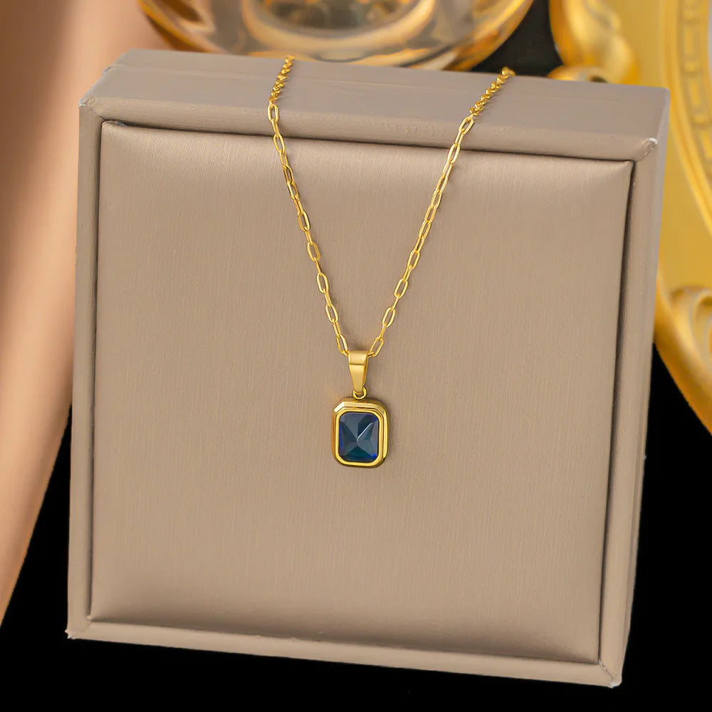 Fashion Colored Gemstone Pendant 18K Gold Plated Stainless Steel Hip Hop Necklace for Women Party Jewelry Wholesale