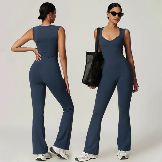 Sports Jumpsuit Yoga Clothing Tight Body Beauty Back Wide Strap One-piece Gym Clothing for Women Casual Micro Flare Fitness Pant