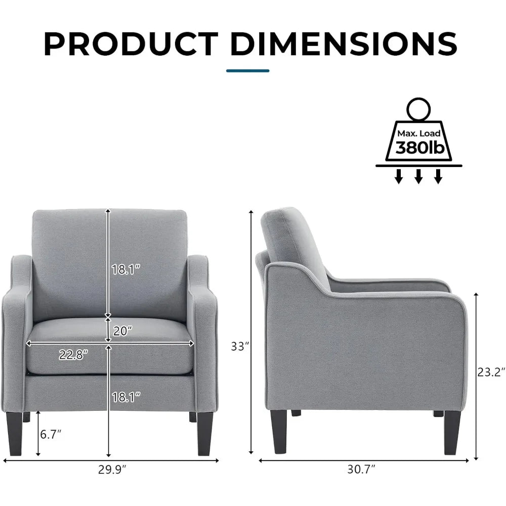 Mid Century Modern Accent Chair,Light Grey Fabric Chairs for Living Room Upholstered Armchair with Scooped Arms for Bedroom