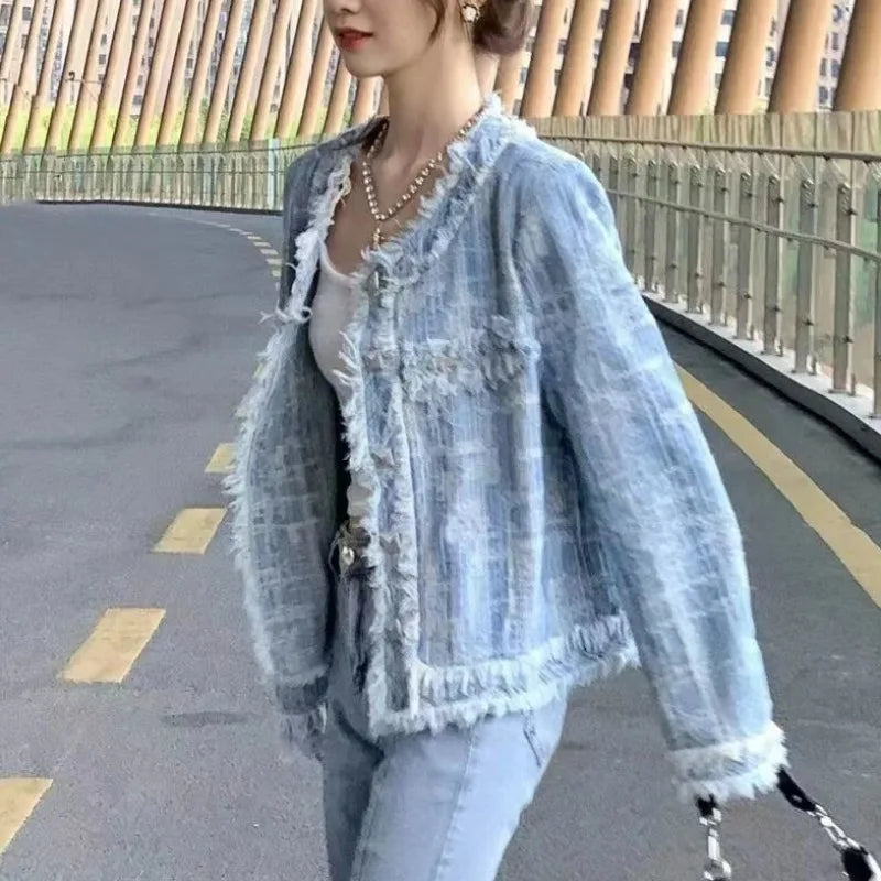 V Neck Age Reducing Single-breasted Denim Jacket Crochet Tassel Streetwear Chic Coat Y2k Korean Vintage Clothes Women Jaquetas