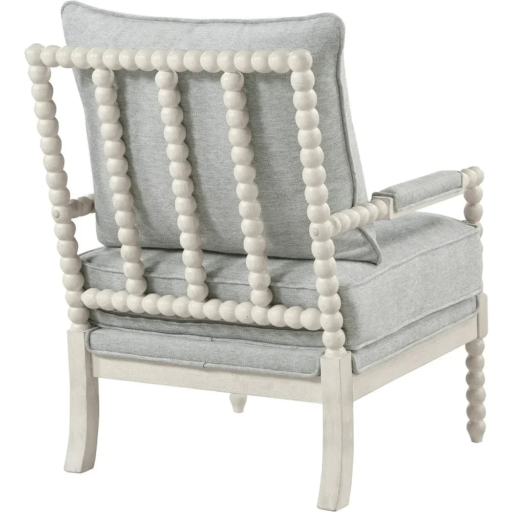 Spindle Accent Chair with Antique White Wood Frame, 26.5” W x 32.25” D x 37” H, Smoke Grey Fabric