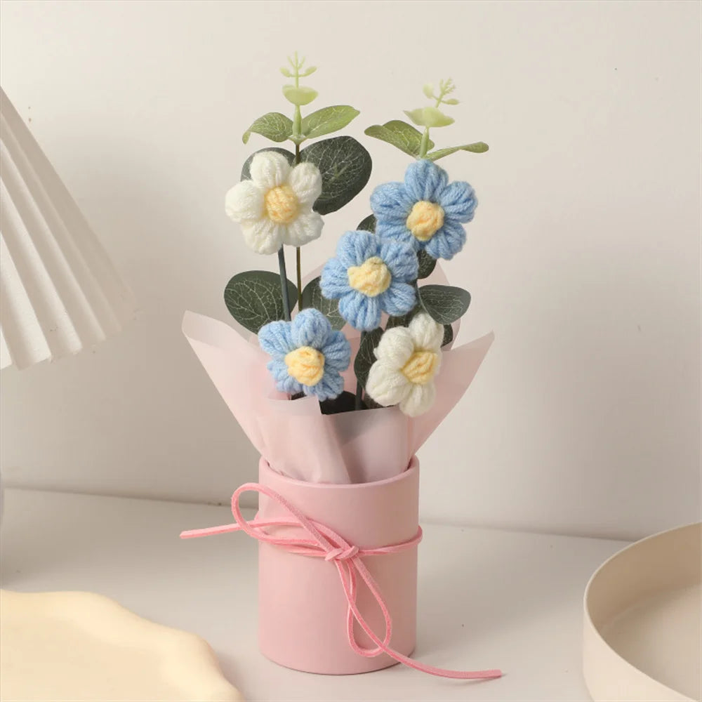 5PCS Knitted Flowers Puff Bucket Bouquet Woolen Flowers DIY Hand Knitted Flowers for Valentine's Day Christmas Gifts