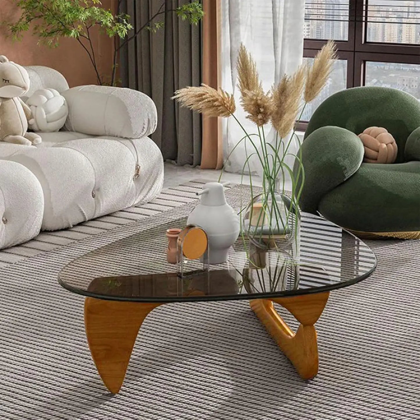 Coffee Tables for Living Room - Triangle Glass Coffee Table with Wooden Base Mid-Century Modern Abstract End Table