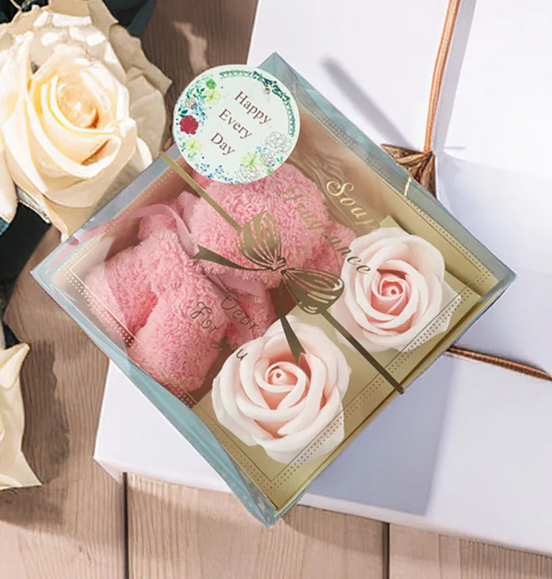 1pcs Towel Bear Soap Flower Gift Rose Box Red Soap Rose Flower Artificial Roses Flower Valentine's Day Wedding Birthday Gift Box