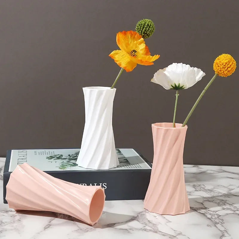 Nordic Flower Vase Imitation Ceramic Plastic Flower Vase Pot Home Living Room Desktop Decoration Wedding Centerpiece Arrangement