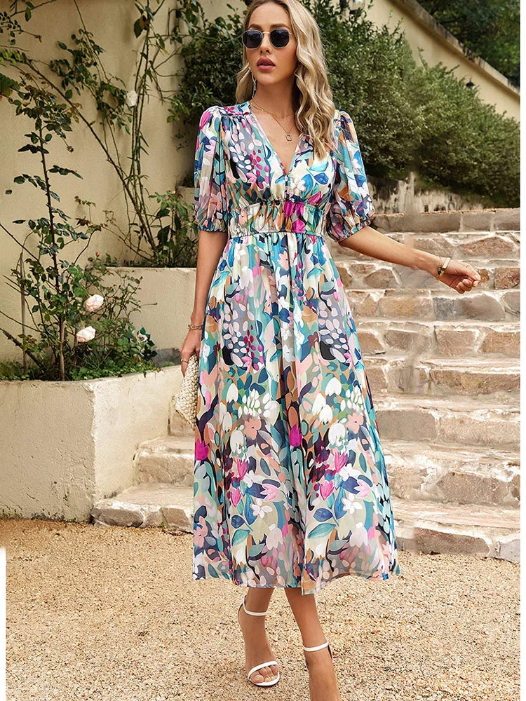 2024 Elegant High Quality Design summer long Dress Waist Cinching V-neck Print Elastic Waist Maxi  Dresses for Women Clothing