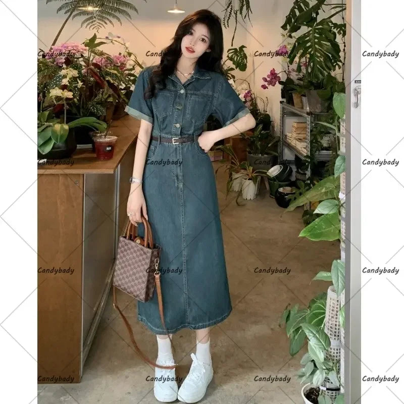 Retro Hong Kong style cowboy dress summer niche design high-end temperament French short-sleeved long skirt women's clothing