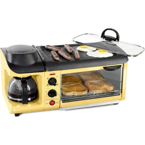 Nostalgia 3-in-1 Breakfast Station - Includes Coffee Maker, Non-Stick Griddle, and 4-Slice Toaster Oven - Breakfast Maker