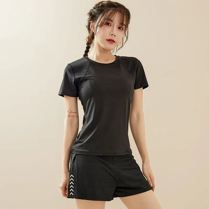 Summer Sport Set Short Sleeve Loose Tee Top High Waist Shorts Suit Leisure Women Gym Fitness Athletic Running Yoga Tracksuits