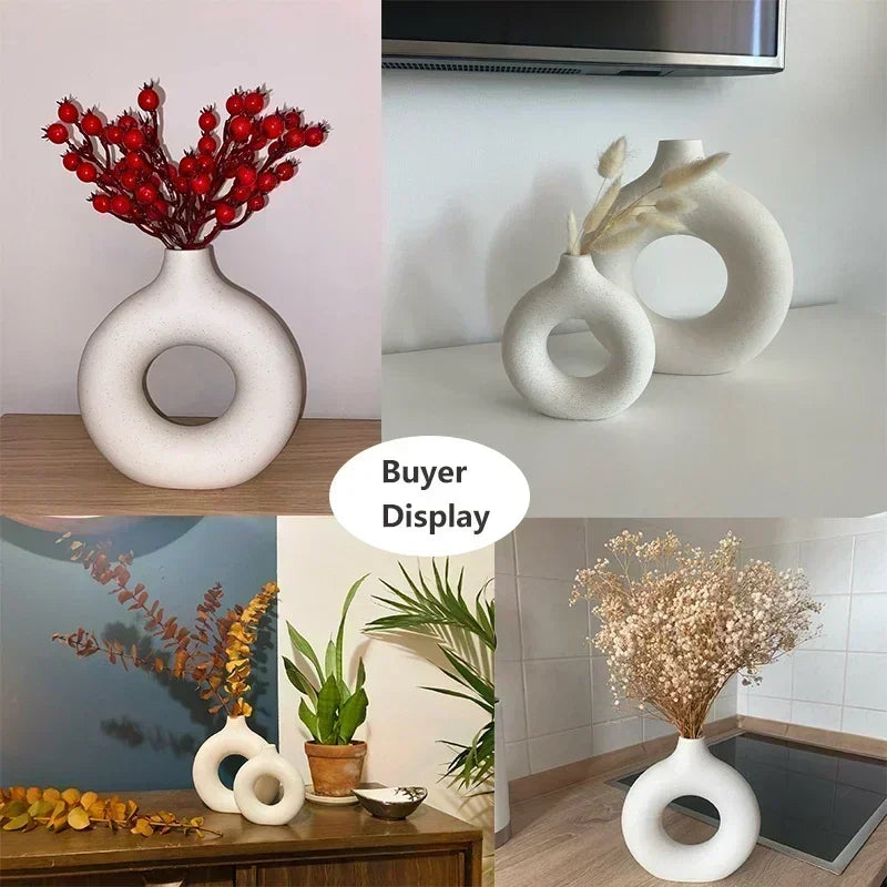 Nordic Ceramic Vase Circular Hollow Donuts Flower Pot Home Living Room Decoration Accessories Interior Office Desktop Decor Gift