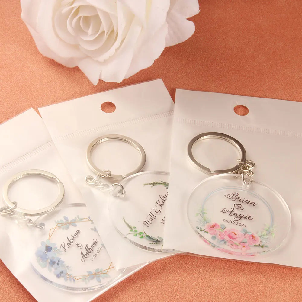 10pcs Personalized Print Name And Date Acrylic Keychain Transparent Circle Chain Acrylic Keyring Custom Wedding Gifts For Guests