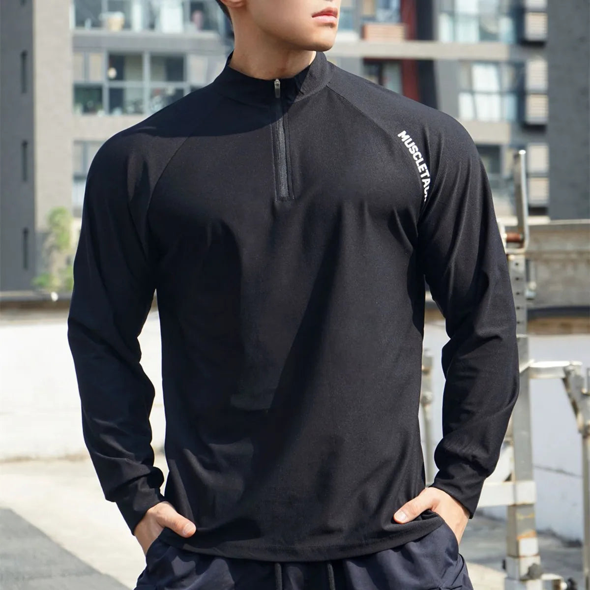 Spring Autumn Running Sport T-shirt Men Long Sleeves Shirt Zipper Tees Tops Gym Fitness Sportswear Male Black Training Clothing