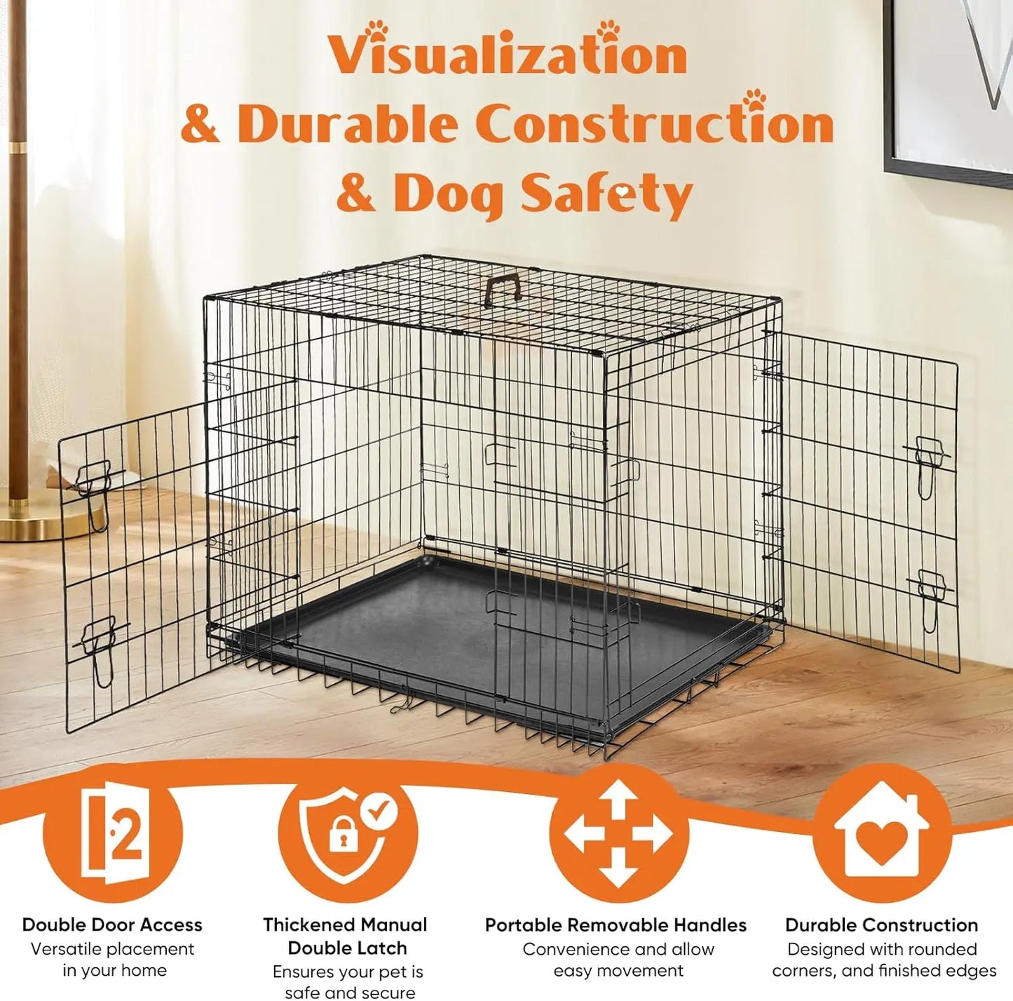 Sweetcrispy 36 Inch Medium Large Dog Crate with Divider Panel, Double Door Folding Metal Wire Dog Cage with Plastic Leak-Proof