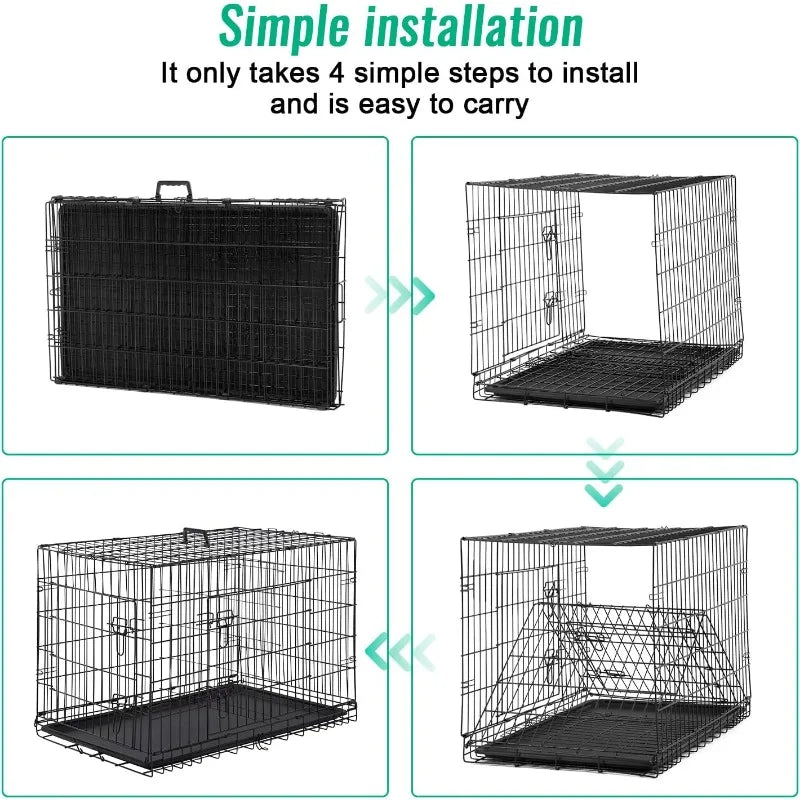 FDW Dog Crate Dog Cage Pet Crate for Large Dogs Folding Metal Pet Cage Double Door W/Divider Panel