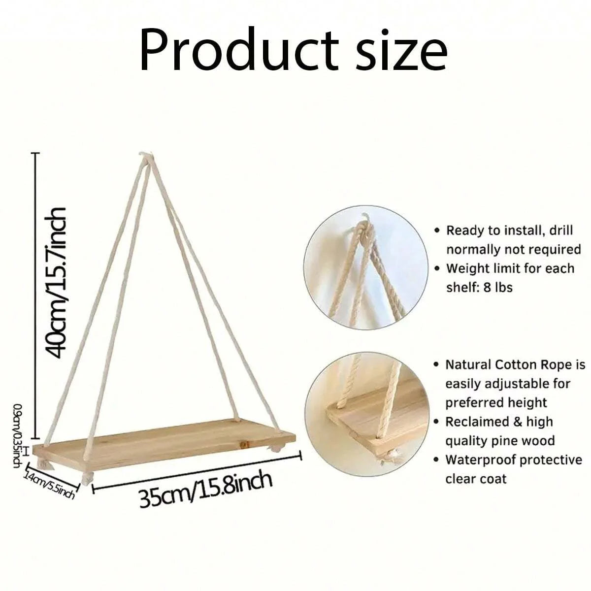 Wooden Swing Hanging Hemp Rope Wall Shelve Mounted Floating Wall Shelves Home Living Room Plant Tray Storage Garden Decoration