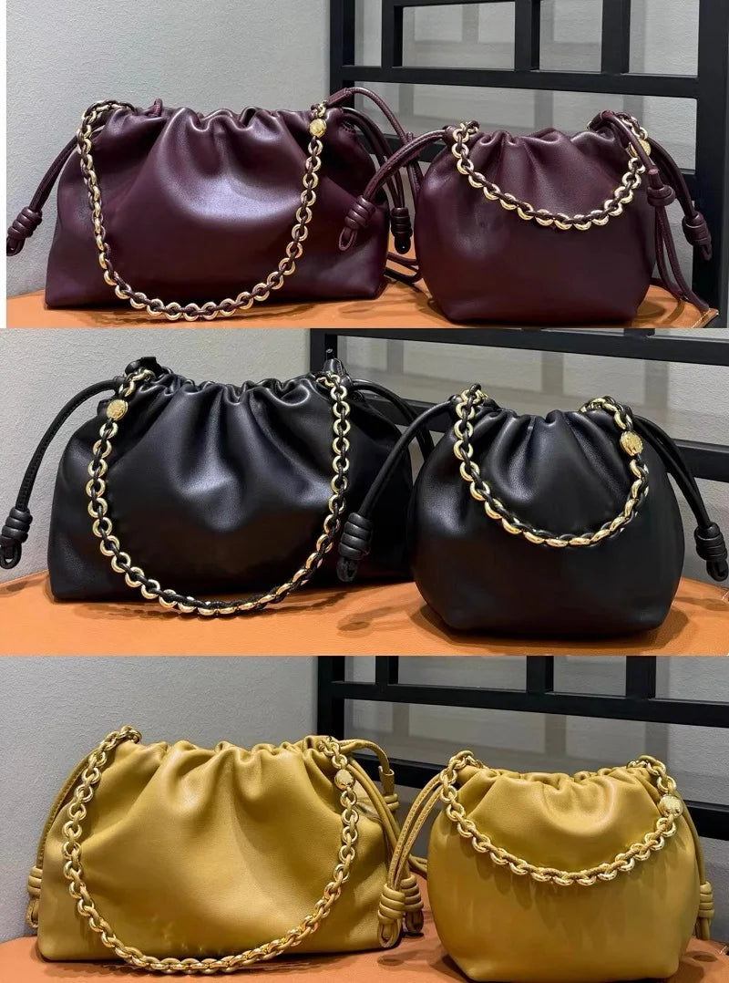 VIELINE New Women's Drawstring Cloud Bag Blessing Bag Hobos Bag Genuine Leather One Shoulder Crossbody Bag Casual Bucket Bag