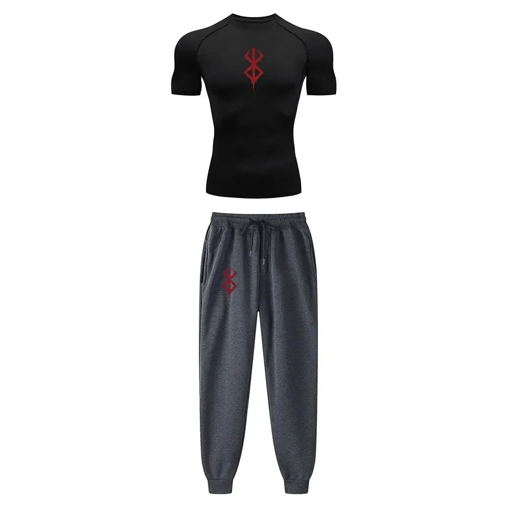 Anime Compression Set Berserk Guts Print Performance GYM Set Men's Athletic Workout Quick Dry Shirts+Sweatpants Unisex Sportwear