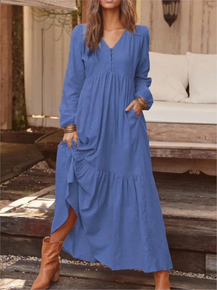 Cotton And Linen Vintage Style Long Dress For Women Casual V Neck Long Sleeve Loose Maxi Dresses Female Elegant Women's Clothing