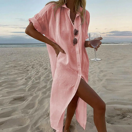 Cotton Linen Long Shirt Dress for Women 2024 Summer Pure Color Casual Short Sleeve Dress Beach Female Clothing Vestido Robe