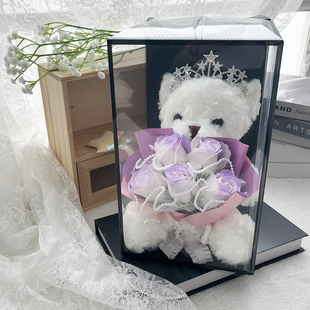 1pcs Plush Bear Rose Flower Bouquet Gift Box Luxury Artificial Soap Flowers Wedding Birthday Christmas New Year Party Decor Prop