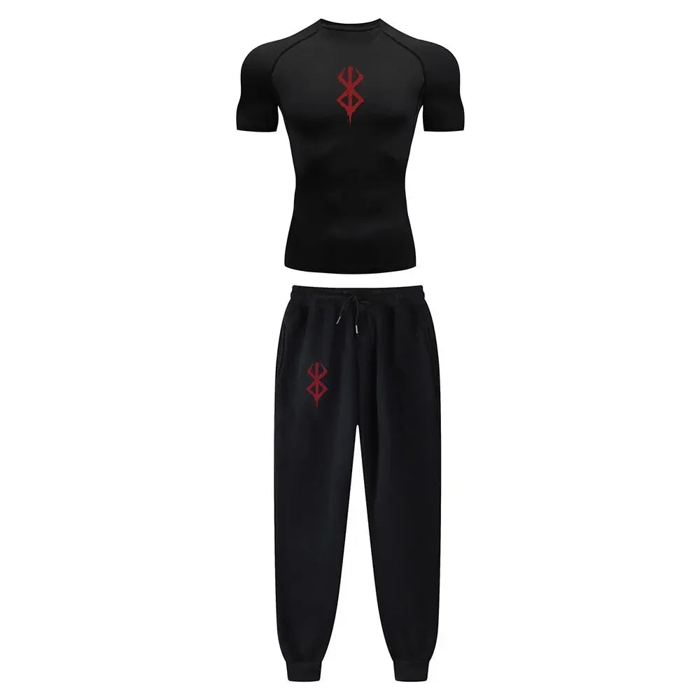 Anime Compression Set Berserk Guts Print Performance GYM Set Men's Athletic Workout Quick Dry Shirts+Sweatpants Unisex Sportwear