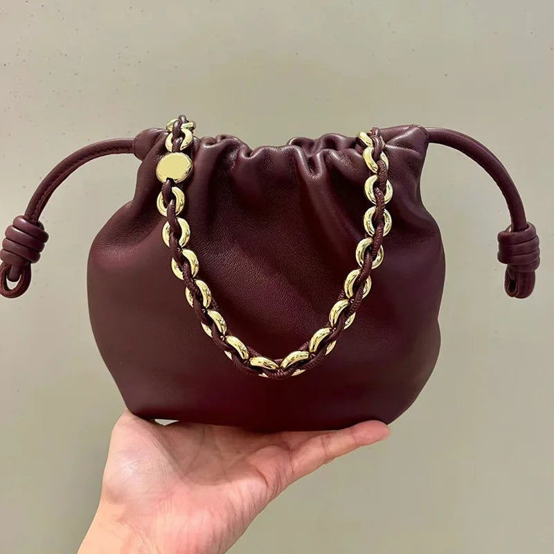 VIELINE New Women's Drawstring Cloud Bag Blessing Bag Hobos Bag Genuine Leather One Shoulder Crossbody Bag Casual Bucket Bag