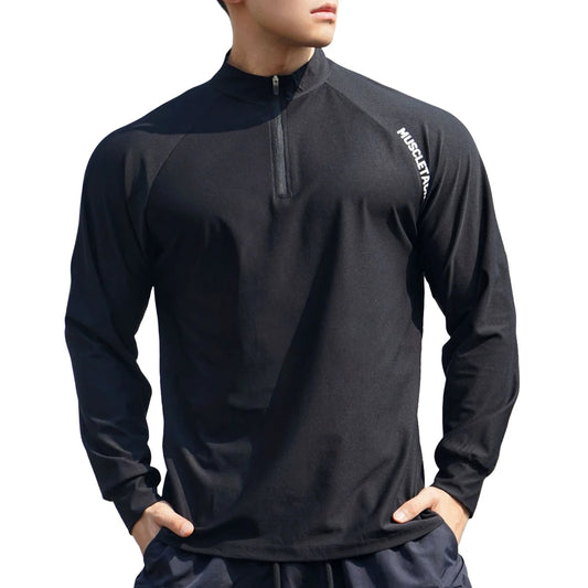 Spring Autumn Running Sport T-shirt Men Long Sleeves Shirt Zipper Tees Tops Gym Fitness Sportswear Male Black Training Clothing