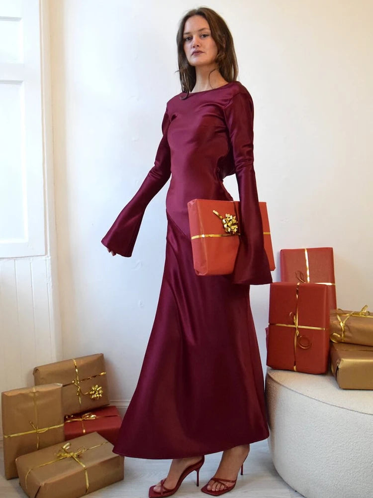 Articat Elegant Christmas Evening Dress Women Long Sleeve Dress Bodycon Max Female Vestidos High Grade Satin Party Club Clothing