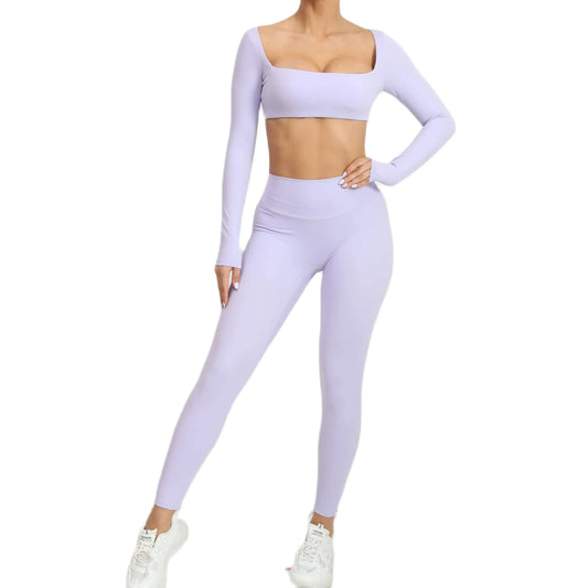 Women Tracksuit Yoga Set 2PCS Sportswear Workout Clothes Athletic Wear Gym Legging Fitness Bra Crop Top Long Sleeve Sports Suits