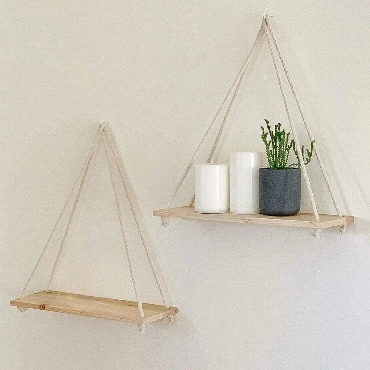 Wooden Swing Hanging Hemp Rope Wall Shelve Mounted Floating Wall Shelves Home Living Room Plant Tray Storage Garden Decoration