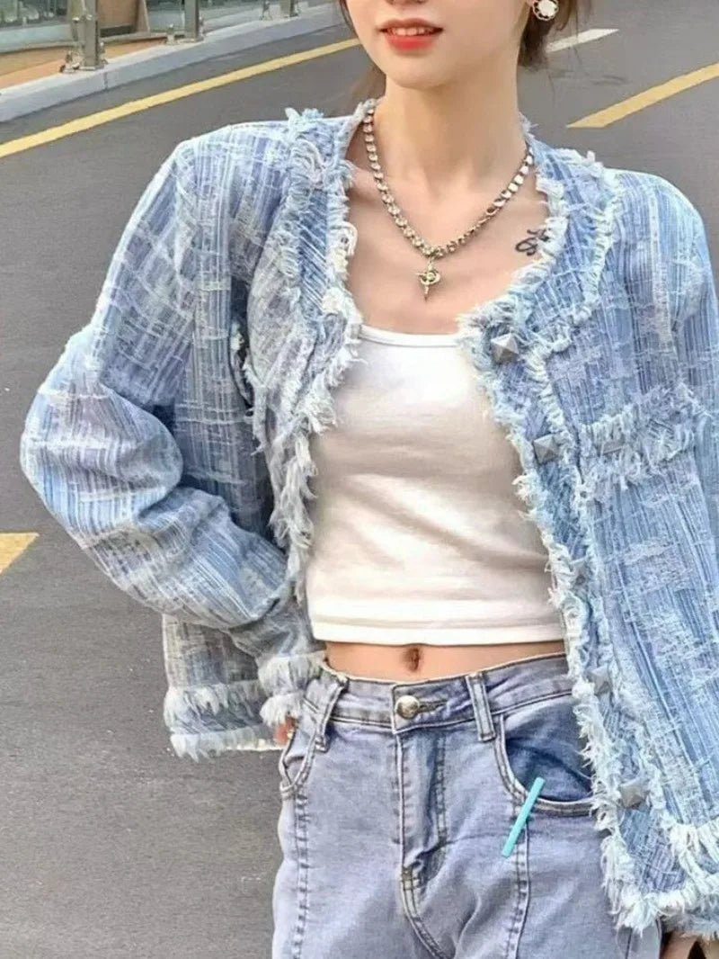 V Neck Age Reducing Single-breasted Denim Jacket Crochet Tassel Streetwear Chic Coat Y2k Korean Vintage Clothes Women Jaquetas